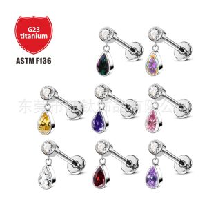 F136 Titanium Stud Earrings Water Drop Cylindrical Bag 5A Diamond Teardrop G23 Titanium Alloy Body Piercing Jewelry Ear Bone Stud