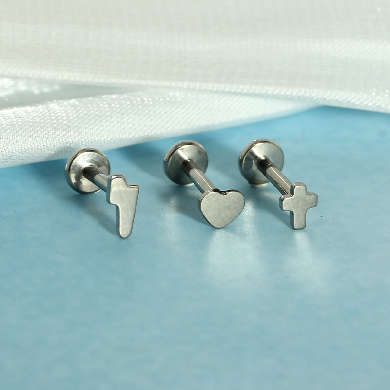 G23 Titanium Cross Heart Lightning Moon Star Inner Thread Lip Barbell/Ear Stud Piercing Jewelry - Image 3