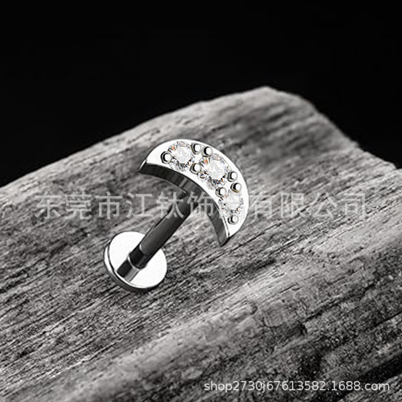 F136 Titanium Moon Stud Earrings with 5A CZ – Lip Ear Bone Nail G23 Titanium Body Jewelry - Image 4