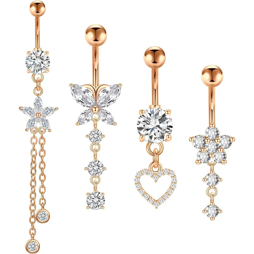 Gold Belly Button Ring Copper Zircon Navel Jewelry Set Stainless Steel Geometric Fashion - Image 3