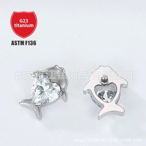 G23 Titanium Heart-Shaped Fish Ear Cuff with Dolphin Design, CZ Zircon Inlaid Cartilage Piercing Jewelry