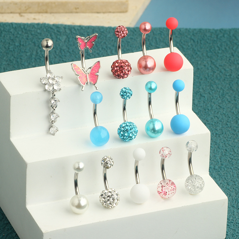14-Piece Butterfly Navel Ring Set Stainless Steel Belly Button Piercing Jewelry Heart Design - Image 4
