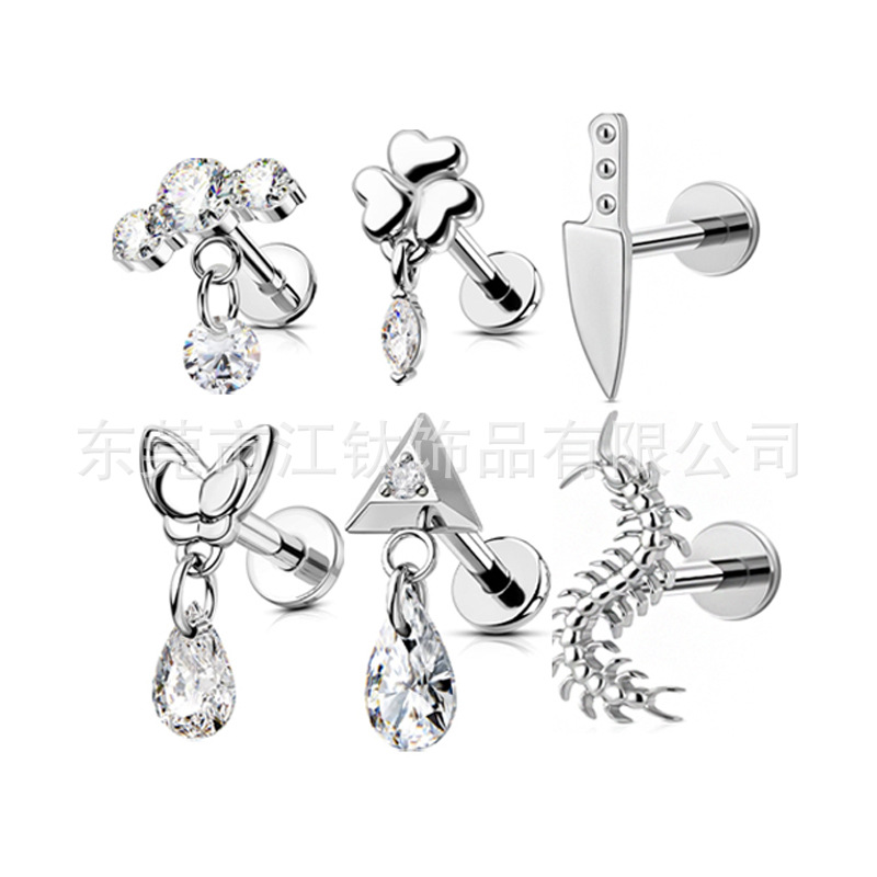 JT838 G23 Titanium Alloy Earring Lip Stud With Zirconia Geometric Body Piercing Jewelry - Image 5