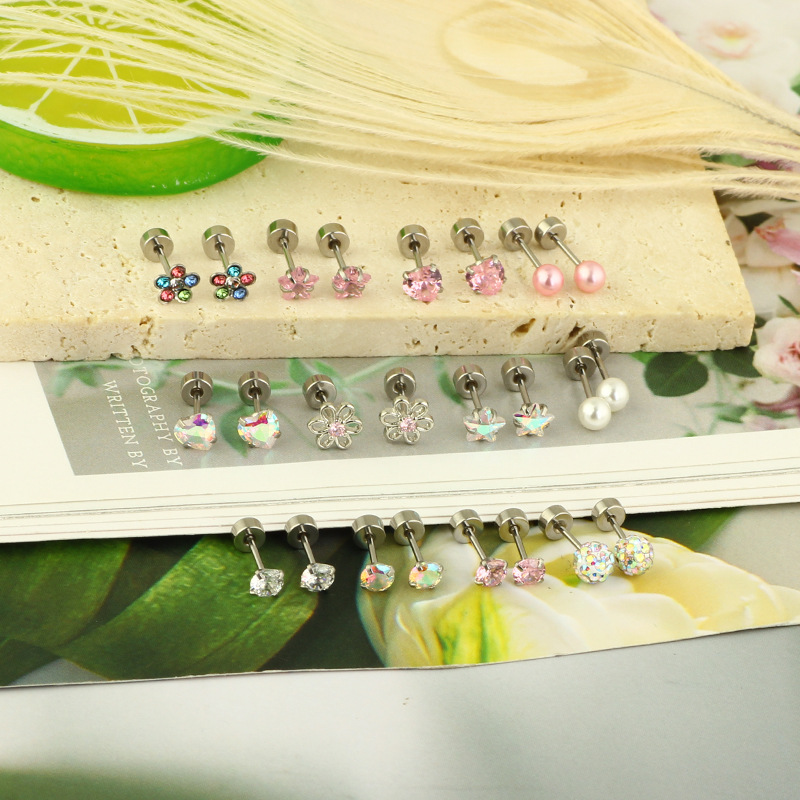 Amazon New Stainless Steel Star Ear Stud Screw Ear Nail Pink 24-Piece Set - Geometric Body Jewelry Wholesale - Image 2