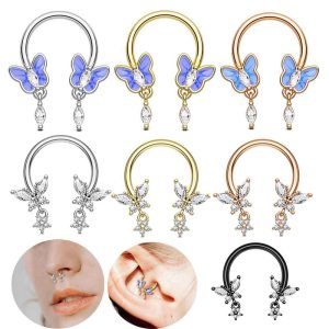Stainless Steel Butterfly Nose Ring Hoop - 18K Gold Plated C Shaped Septum Piercing Jewelry for Women Men