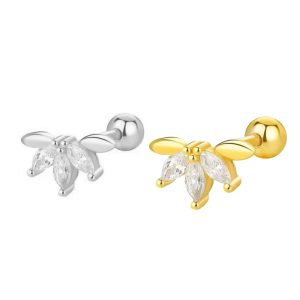 Cross-Border Hot-Selling Ear Bone Nails Real Gold 18K Marquise Geometric Diamond Cartilage Threaded Piercing Small Versatile Earrings