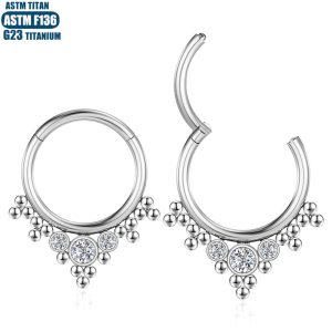 F136 Titanium Alloy Nose Ring with Zircon Bead Cluster Seamless Open Ring for Nose Perforation and Septum Piercing Earrings