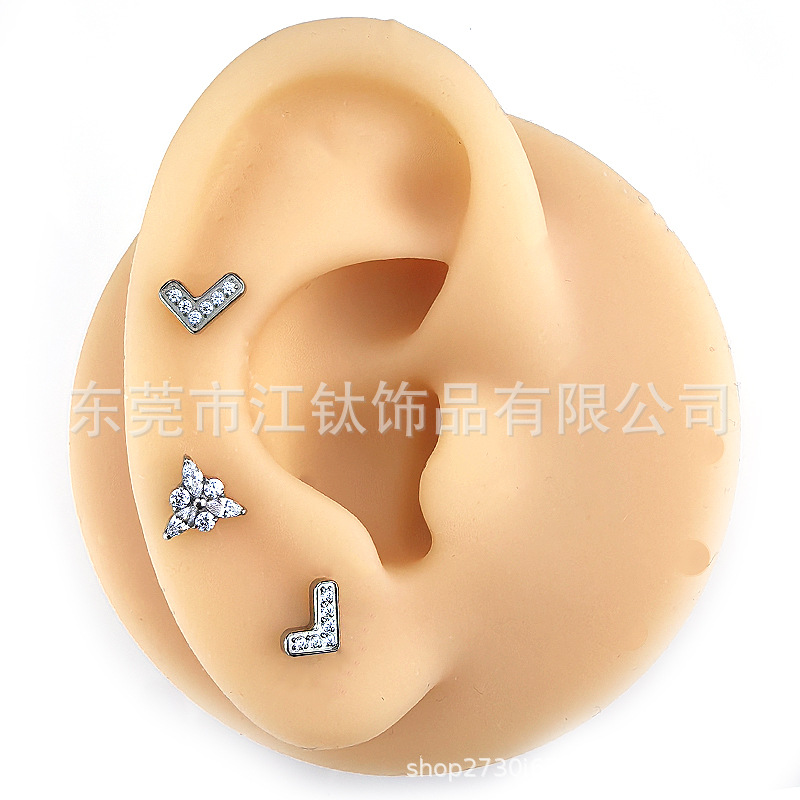 G23 Titanium Ear Cartilage Stud Triangular Flower with Zircon Inlay Body Piercing Jewelry - Image 2