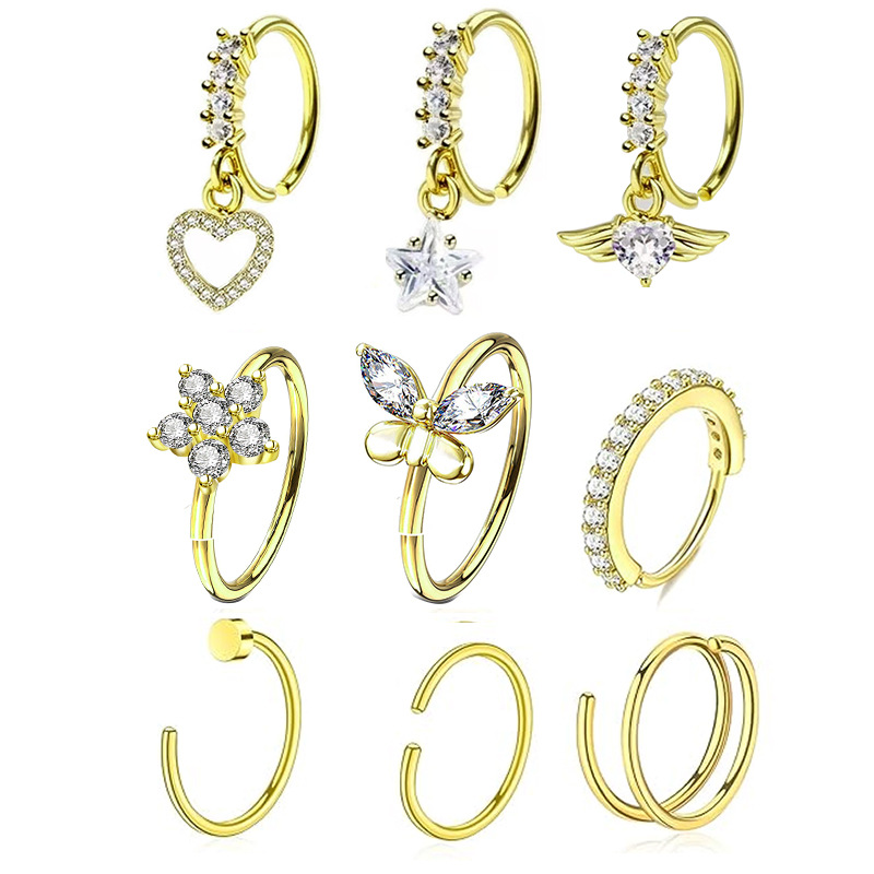 Stainless Steel Heart Nose Ring 20G Nose Nail Piercing Jewelry 9-Piece Set Trendy Classic - Image 5
