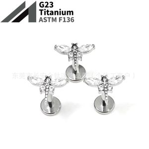 F136 Titanium Dragonfly Nose Nail with 5A Zircon - Ear Bone Piercing Jewelry 1.2x14mm