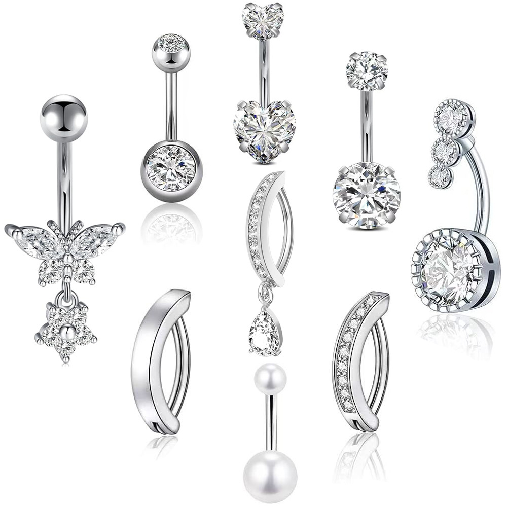 Zircon Butterfly Flower Belly Button Ring Set - Gold Plated Stainless Steel Navel Piercing Jewelry - Image 3