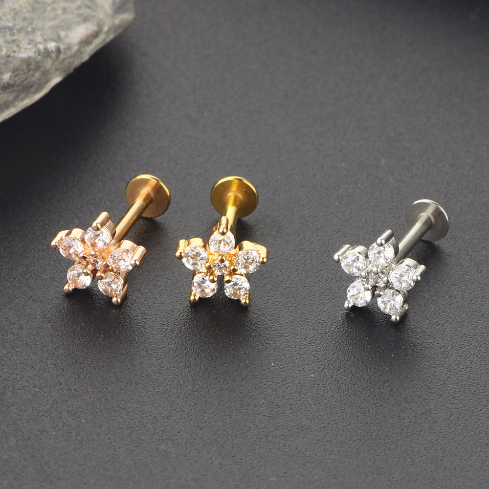 Zircon Flower 8mm Rose Gold Stainless Steel Ear Stud Earring for Women Body Piercing Jewelry - Image 5