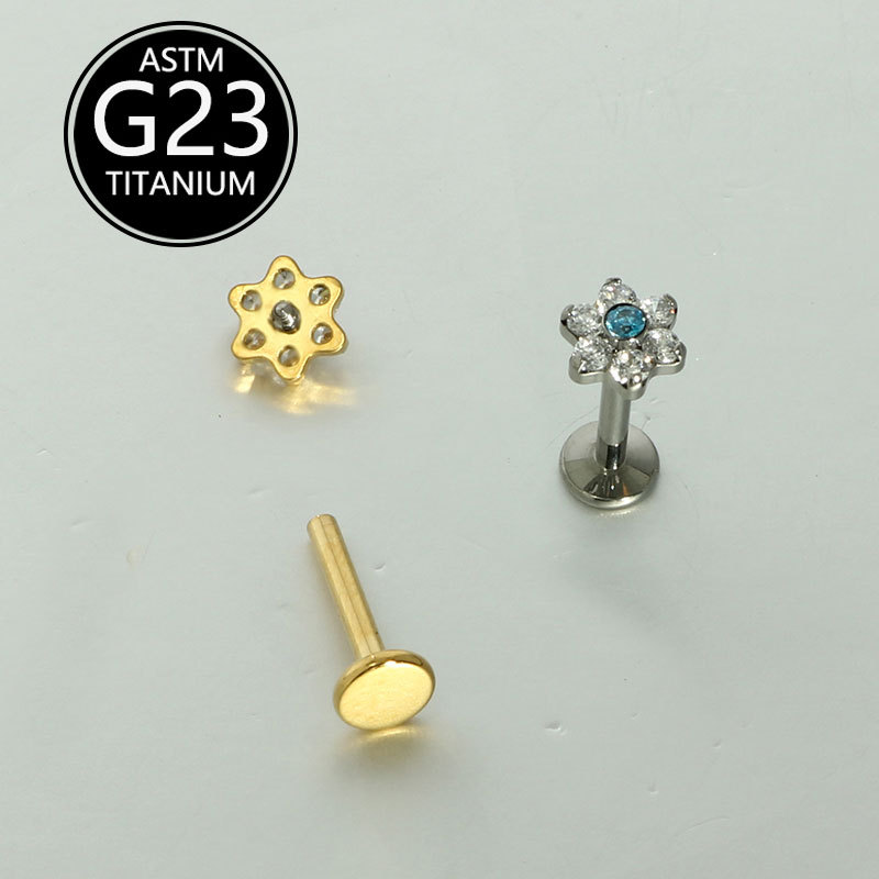 G23 Titanium Alloy Piercing Jewelry Zircon Inlaid Flower Lip Ring Chin Nail Cochlear Nail Ear Bone Nail - Image 3