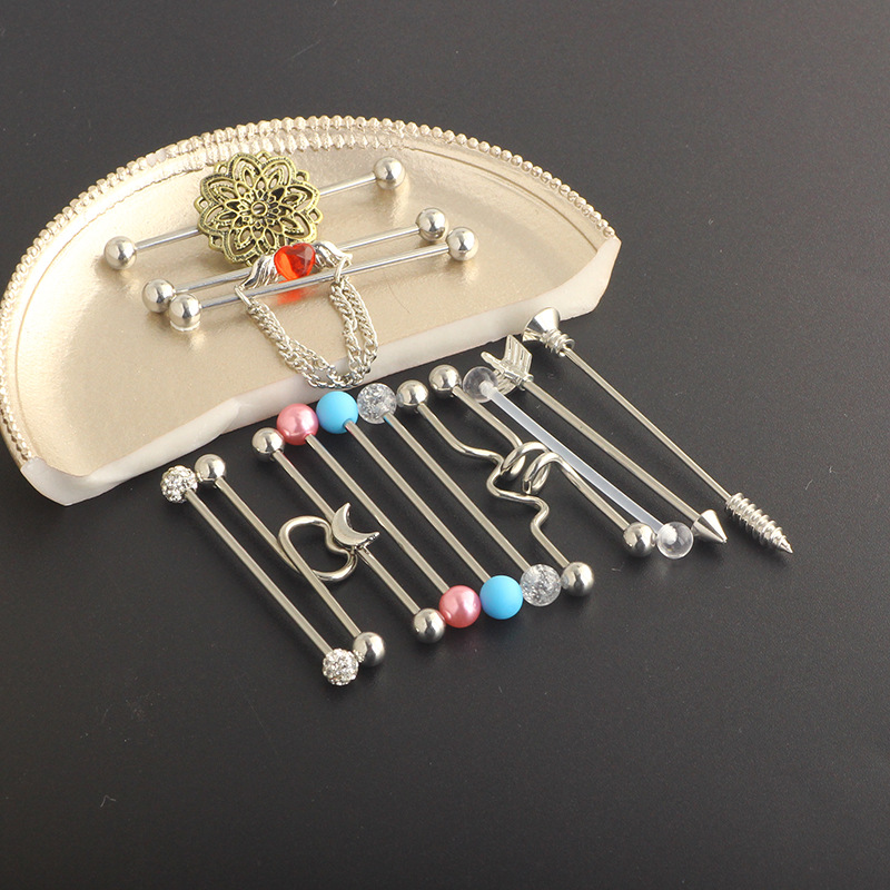 Industrial Barbell Earring Set Stainless Steel Heart Dangle Ear Studs Double Ear Holes Earrings Kit 14 Pieces Vintage Retro Style - Image 4