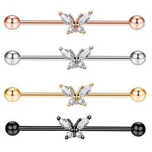 14G External Thread Industrial Barbell Butterfly Zircon Ear Bridge Double Ear Piercing Stud Earrings