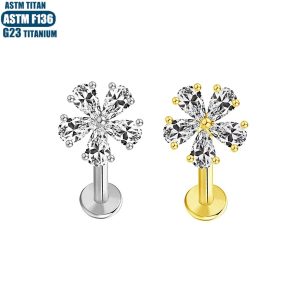 F136 Titanium Alloy Five-Leaf Clover Zircon Lip Ring Internally Threaded Tragus Earring Lip Stud
