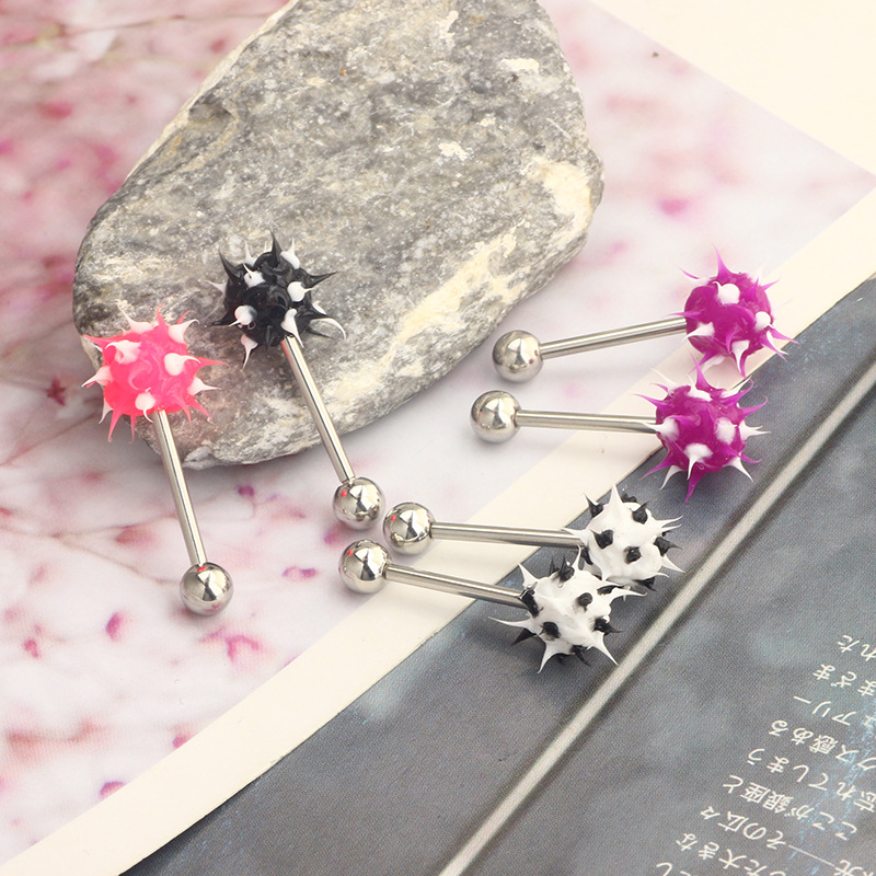 Star Shape Stainless Steel Tongue Ring with Fur Ball Design - Wholesale Body Piercing Jewelry - Image 2