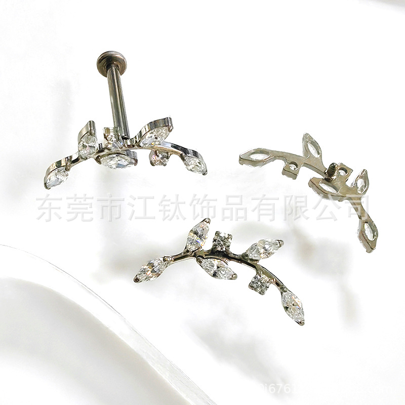 G23 Titanium Alloy Ear Cartilage Stud Leaf Shape with Zircon Gold Earring for Women Men - Image 4