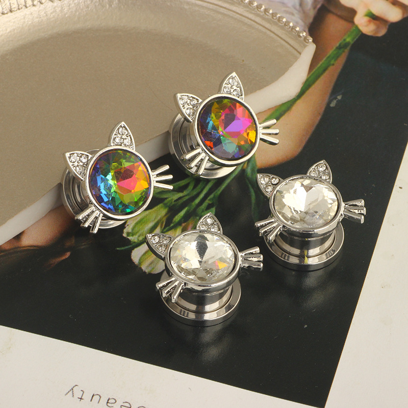 Cross-border Stainless Steel Cat Head Piercing Ear Hole Tool Punk Crystal Earrings - Image 5