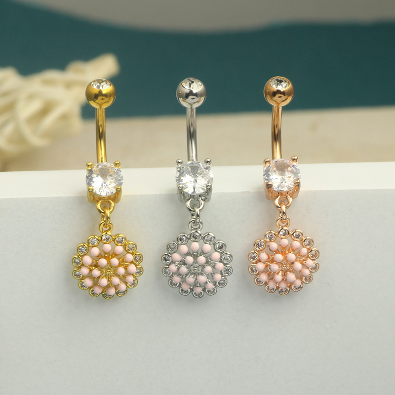 Rose Gold Stainless Steel Navel Ring Chrysanthemum Dangle Belly Button Piercing Jewelry for Men Women - Image 4