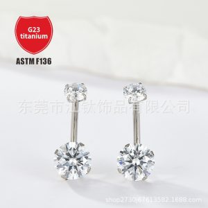 G23 Titanium Curved L-Bar Navel Ring with Zircon Double Head Inlaid G23 Titanium Alloy Body Piercing Jewelry
