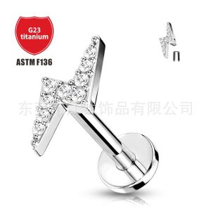 F136 Titanium Lightning Inlaid Zircon Stud Earring - G23 Titanium Alloy Body Piercing Jewelry