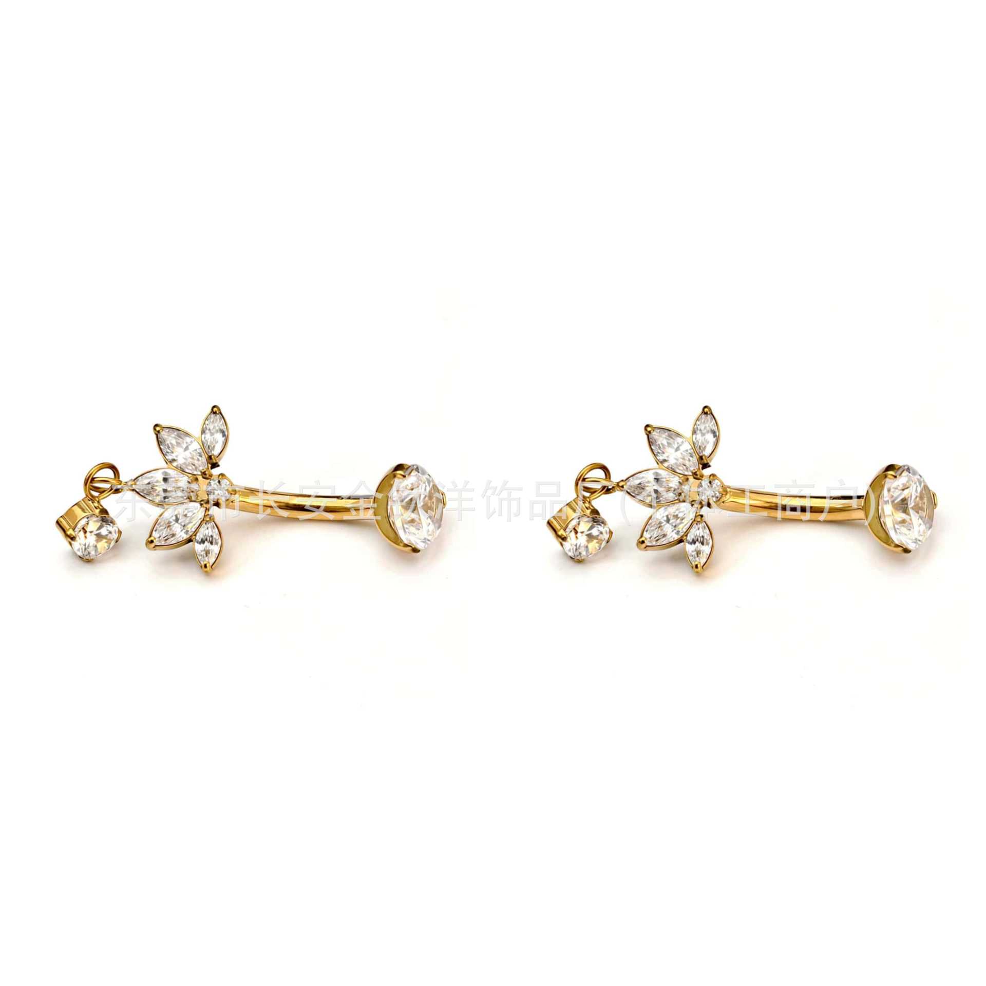 F136 Titanium Five-Leaf Flower Water Drop Zircon Pendant Curved Barbell Belly Button Ring - Image 2