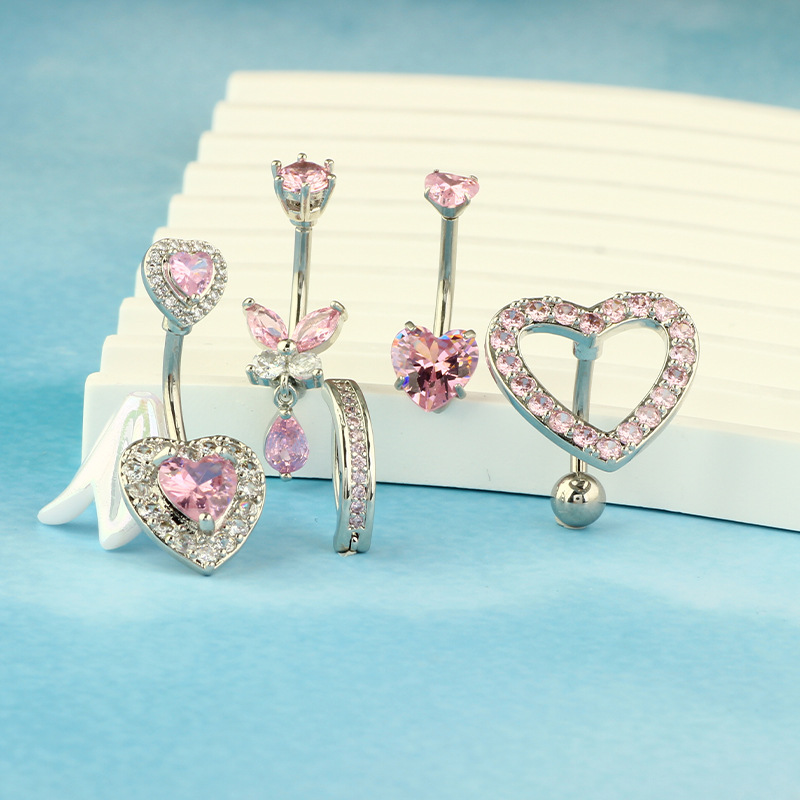 Amazon New Heart-shaped Round Piercing Jewelry Navel Ring Copper Set Zircon Stainless Steel Umbilical Nail - Image 3