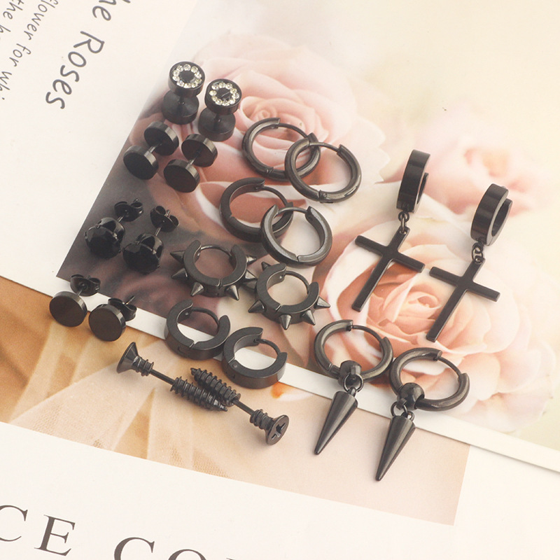 Men's Stainless Steel Earrings Cross Black Round Barbell 11 Pairs Fashion Ear Piercing Set - Image 2