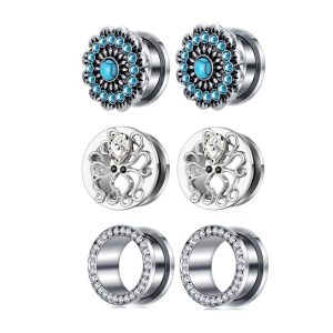Stainless Steel Turquoise Octopus Ear Expander I-Shaped Roller Slide Thread Unscrew Body Piercing 6-Piece Set
