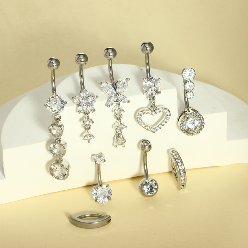 9 Pieces Stainless Steel Belly Button Ring Set Copper Inlaid Zircon Water Drop Heart Shaped Belly Piercing Jewelry - Image 3