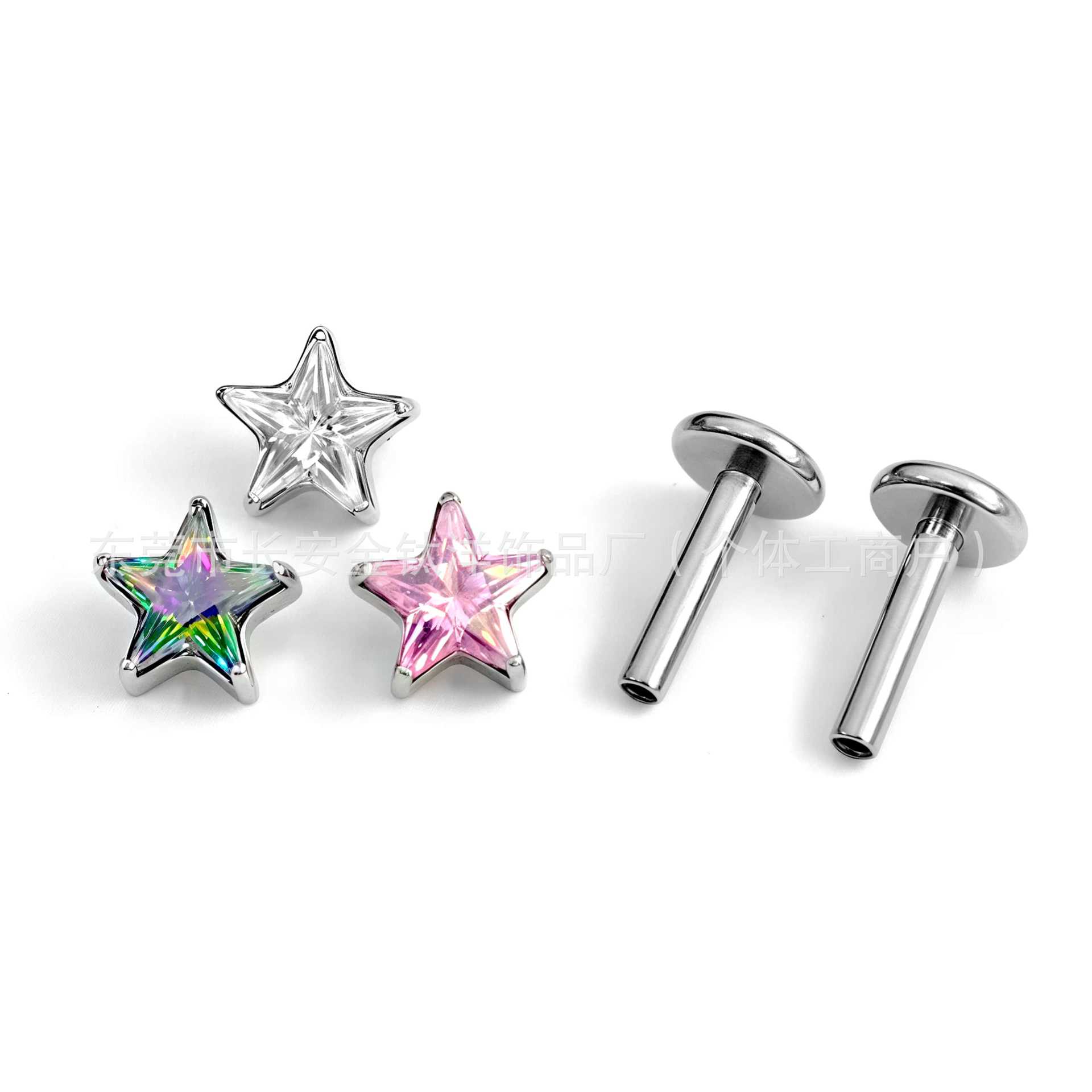 F136 Titanium Internal Thread Five-Pointed Star Super Flash Zircon Lip Nail Earrings G23 Titanium Alloy Piercing Jewelry - Image 2