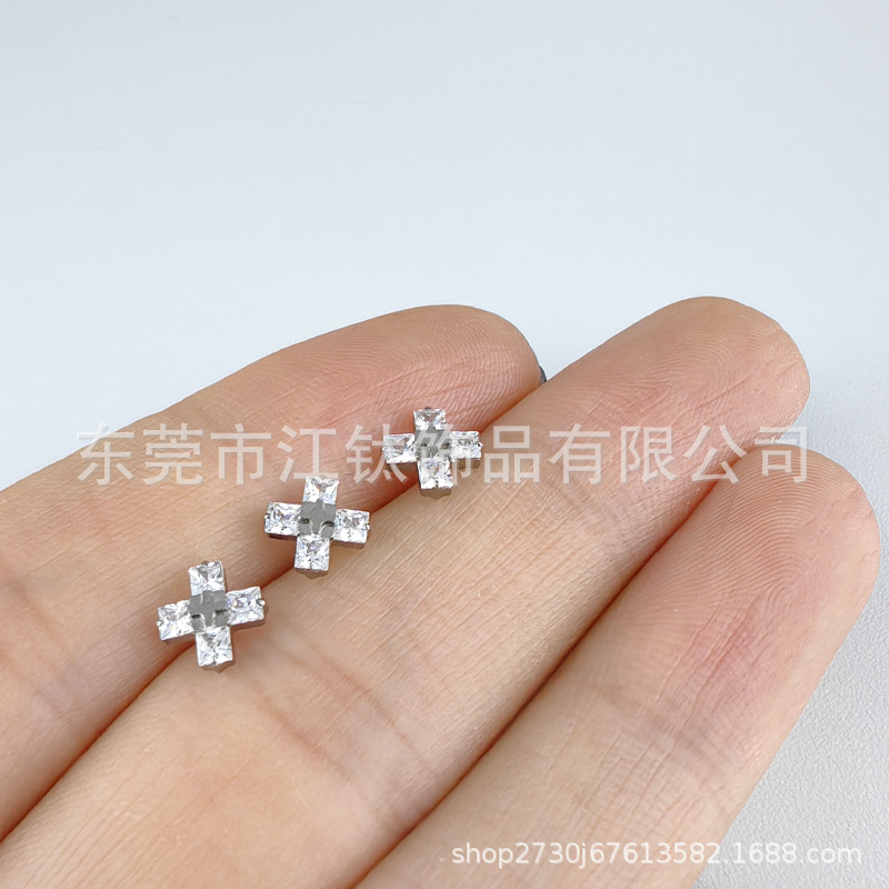 G23 Titanium Ear Bone Cross Stud with Zircon Inlay - ASTM F136 Titanium Alloy Body Piercing Earring - Image 4