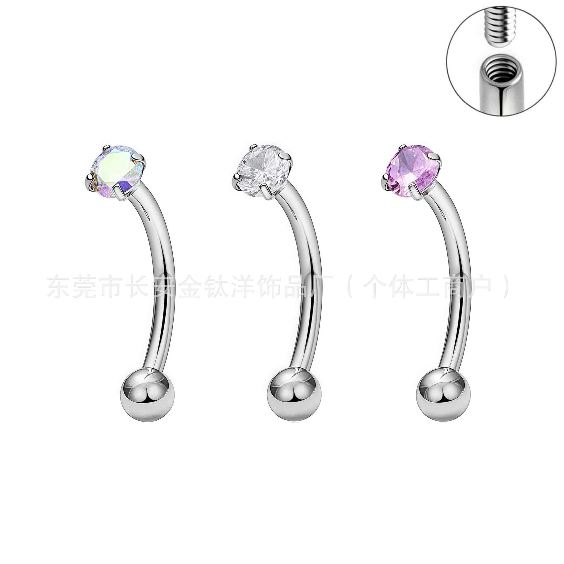 F136 Titanium Internally Threaded Eyebrow Rook Curved Barbell with 5A Zircon - Image 2