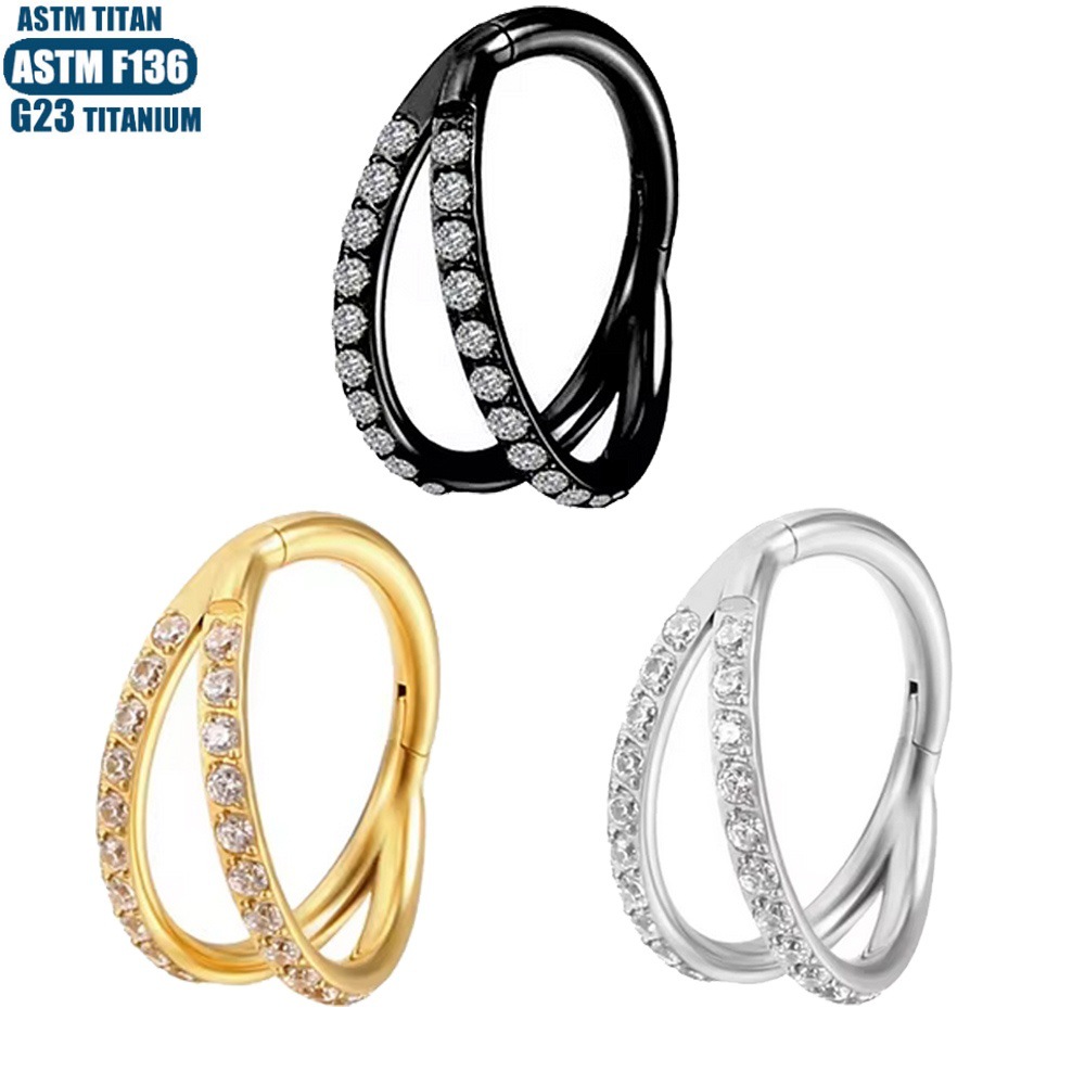 F136 Titanium Alloy Nose Ring Double Layer Septum Clicker Zircon Earring - Black, 1.2mm x 12mm - Image 2