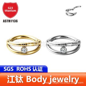 G23 Titanium Double Ring Diamond-Encrusted Nose Ring and Ear Stud - 1.2x8mm Yellow Gold & White Zircon