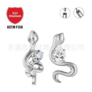 G23 Titanium Snake Shape Ear Cartilage Stud Earring with CZ Gems for Helix Tragus Piercing Gold
