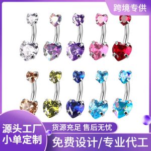Heart-Shaped CZ Belly Button Ring Stainless Steel Double Head Dangle Navel Piercing Jewelry