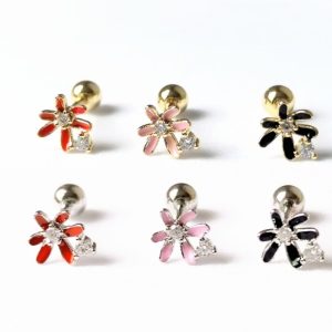 18K Real Gold Spiral Mosquito Ear Bone Stud Colorful Enamel Flower Earrings for Women Fashion Sweet