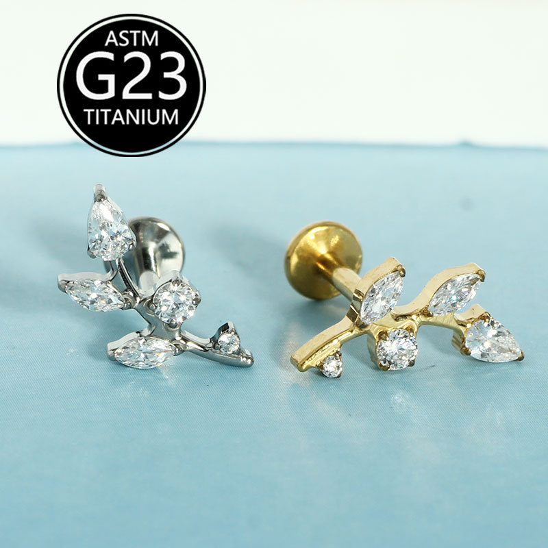 G23 Titanium Alloy Lip Piercing Jewelry with Diamond Leaf Drop-Shaped Zircon Labret Stud, Sold Individually - Image 2