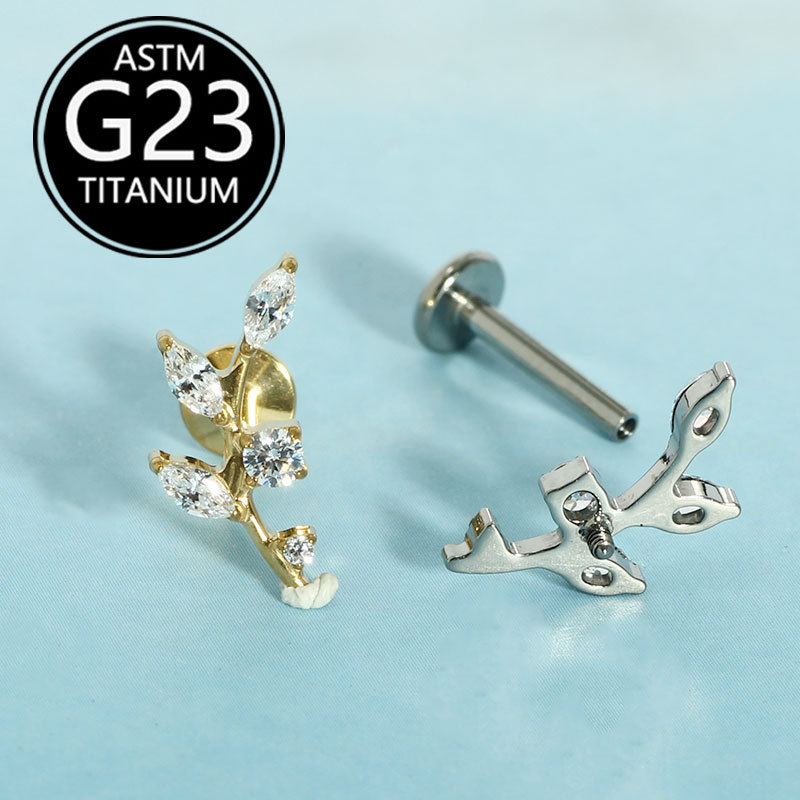 G23 Titanium Leaf-Shaped Zirconia Piercing Jewelry Set for Lip Nose Ear Cartilage - Image 2