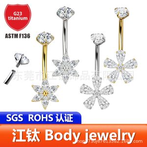 G23 Titanium Snowflake Flower Zircon Belly Button Ring - ASTM F136 Titanium Alloy Body Jewelry