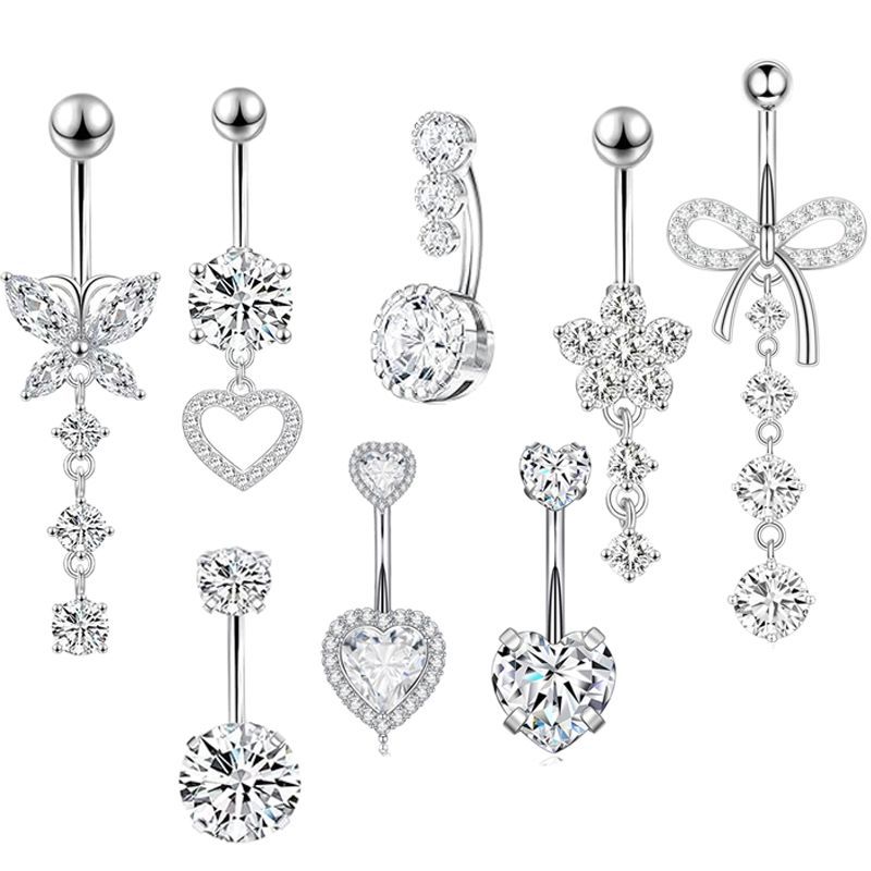 Stainless Steel Zircon Inlaid Heart Navel Ring 4 Colors 8 Piece Set Belly Button Piercing Jewelry - Image 5