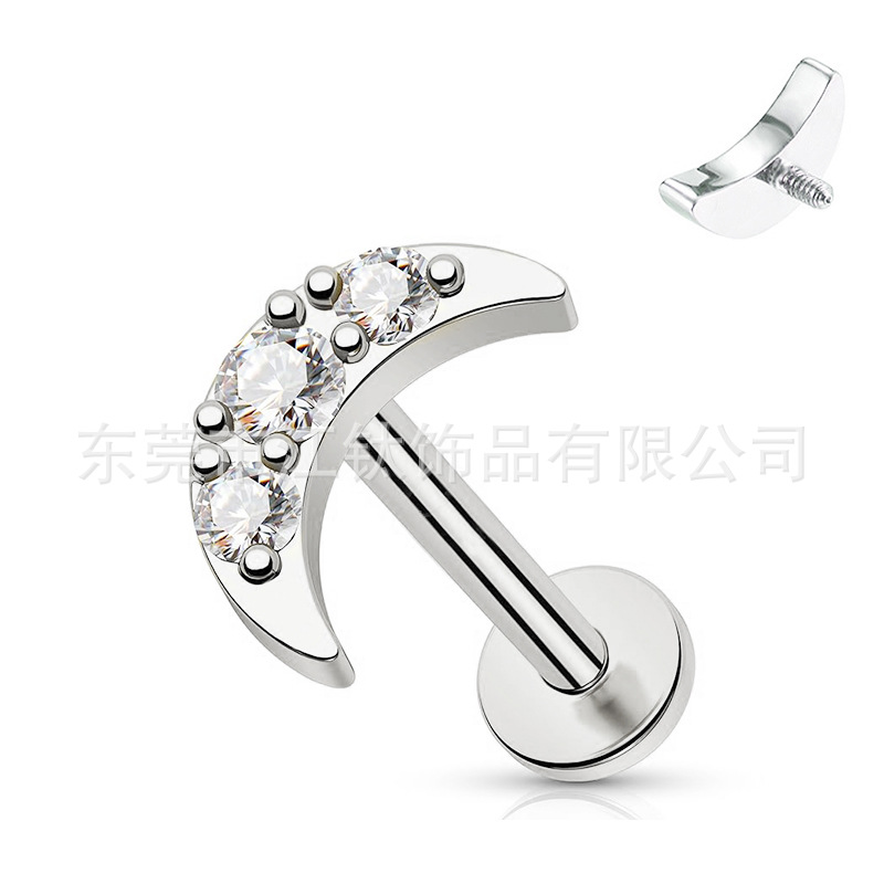 F136 Titanium Moon Stud Earrings with 5A CZ – Lip Ear Bone Nail G23 Titanium Body Jewelry - Image 5