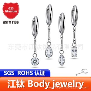 G23 Titanium Ear Hoop with Marquise Water Drop Square Zircon Pendant – Cartilage Earring