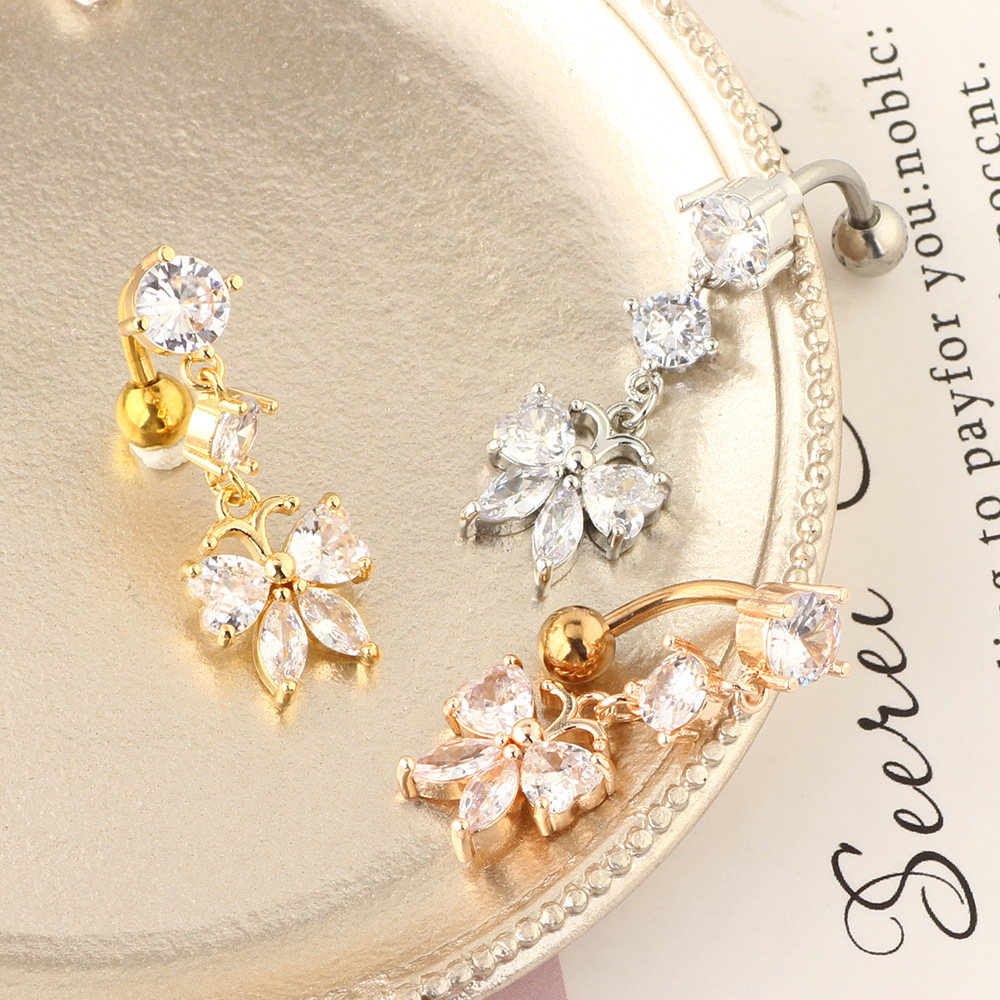 Butterfly Flower Zircon Navel Ring Stainless Steel Body Piercing Jewelry Rose Gold - Image 5