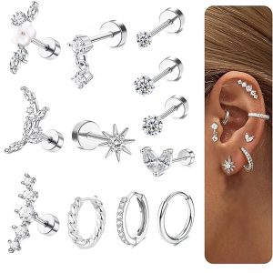 Star Zircon Round Earrings for Women Trendy Light Luxury Ear Piercing Jewelry Stainless Steel