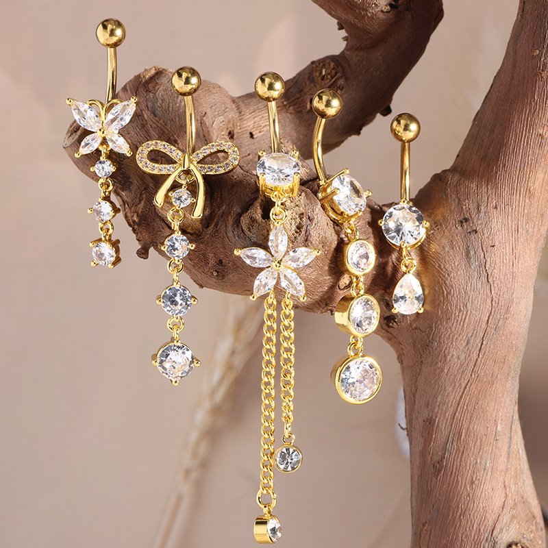 5-Piece Set Stainless Steel Belly Button Rings with Bowknot and Zircon Inlay Fashion Navel Jewelry - Image 4