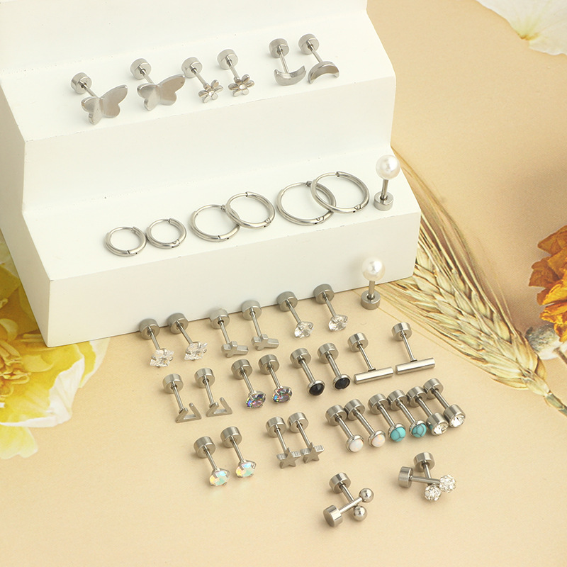 Stainless Steel Round Cake Lip Stud Earring Set for Women Fashion Cartilage Ear Bone Stud Body Piercing Jewelry - Image 2