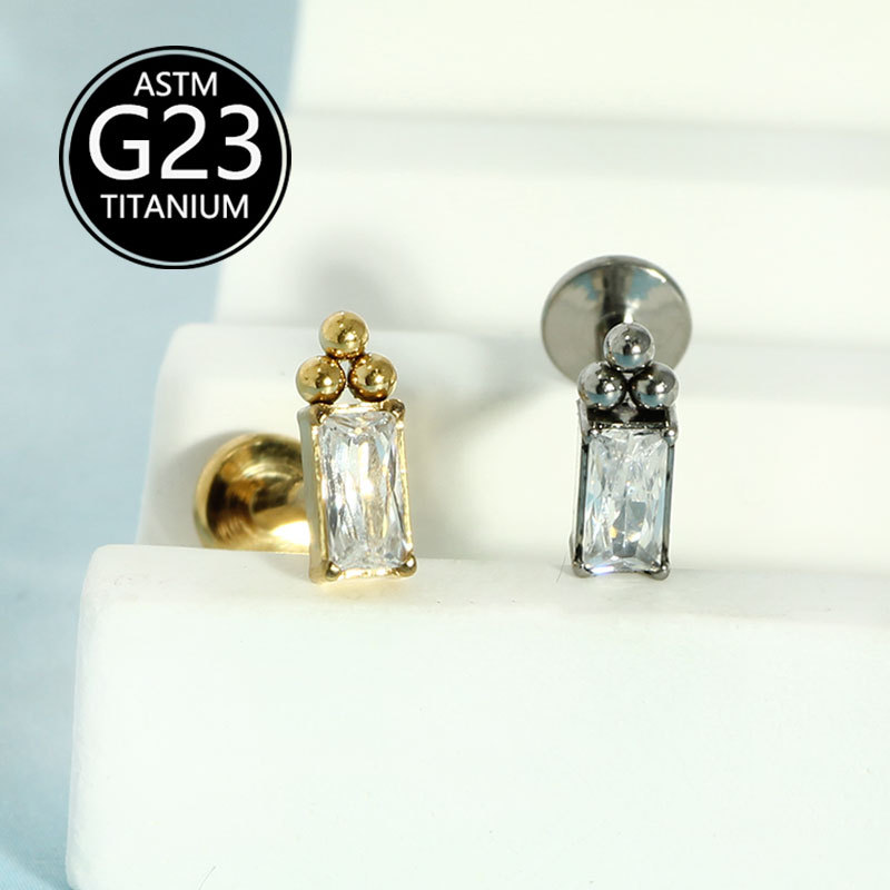 G23 Titanium Alloy F136 Internal Thread Inlaid Zircon Geometric Lip Stud Ear Cartilage Piercing Jewelry - Image 3